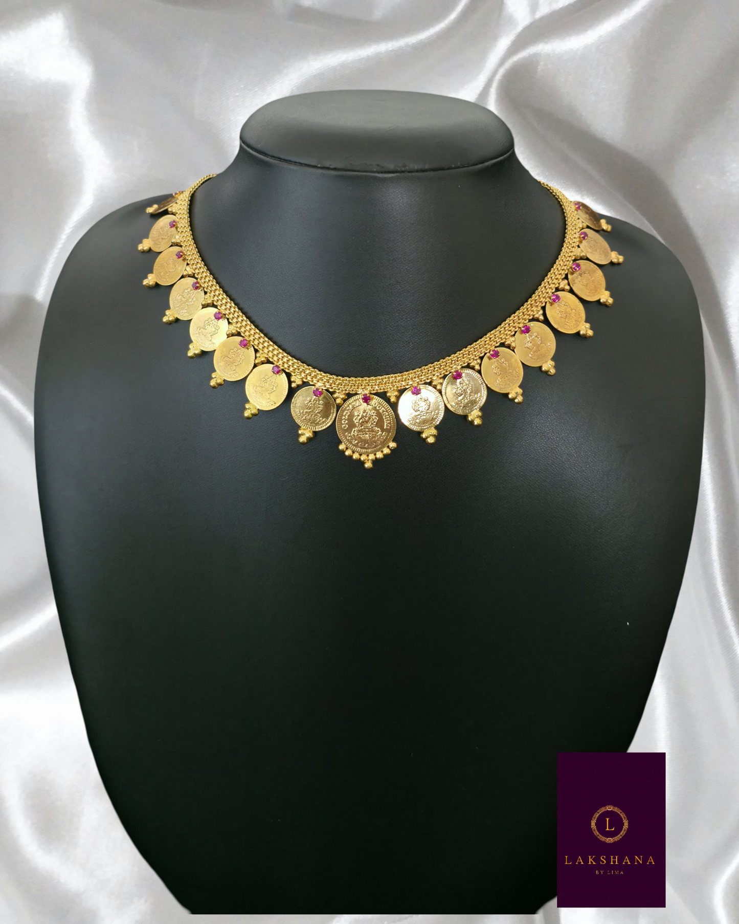 Elegant Modern Lakshmi Coin Necklace with Ruby Stones – One Gram Gold Plated