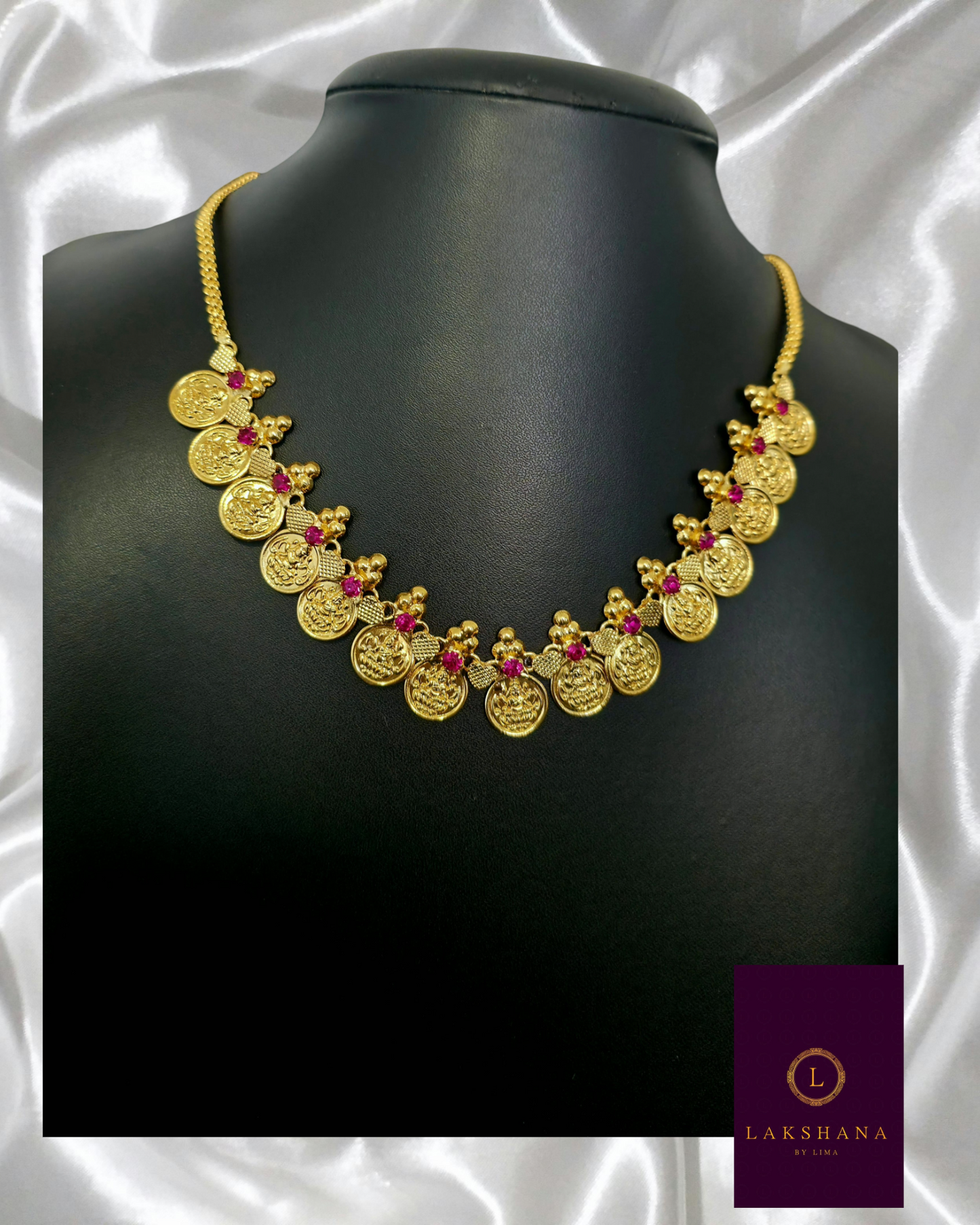 Beautiful Lakshmi Coin Necklace with Ruby Stones Lightweight One Gram Gold Plated Kerala Jewellery for Kids & Women