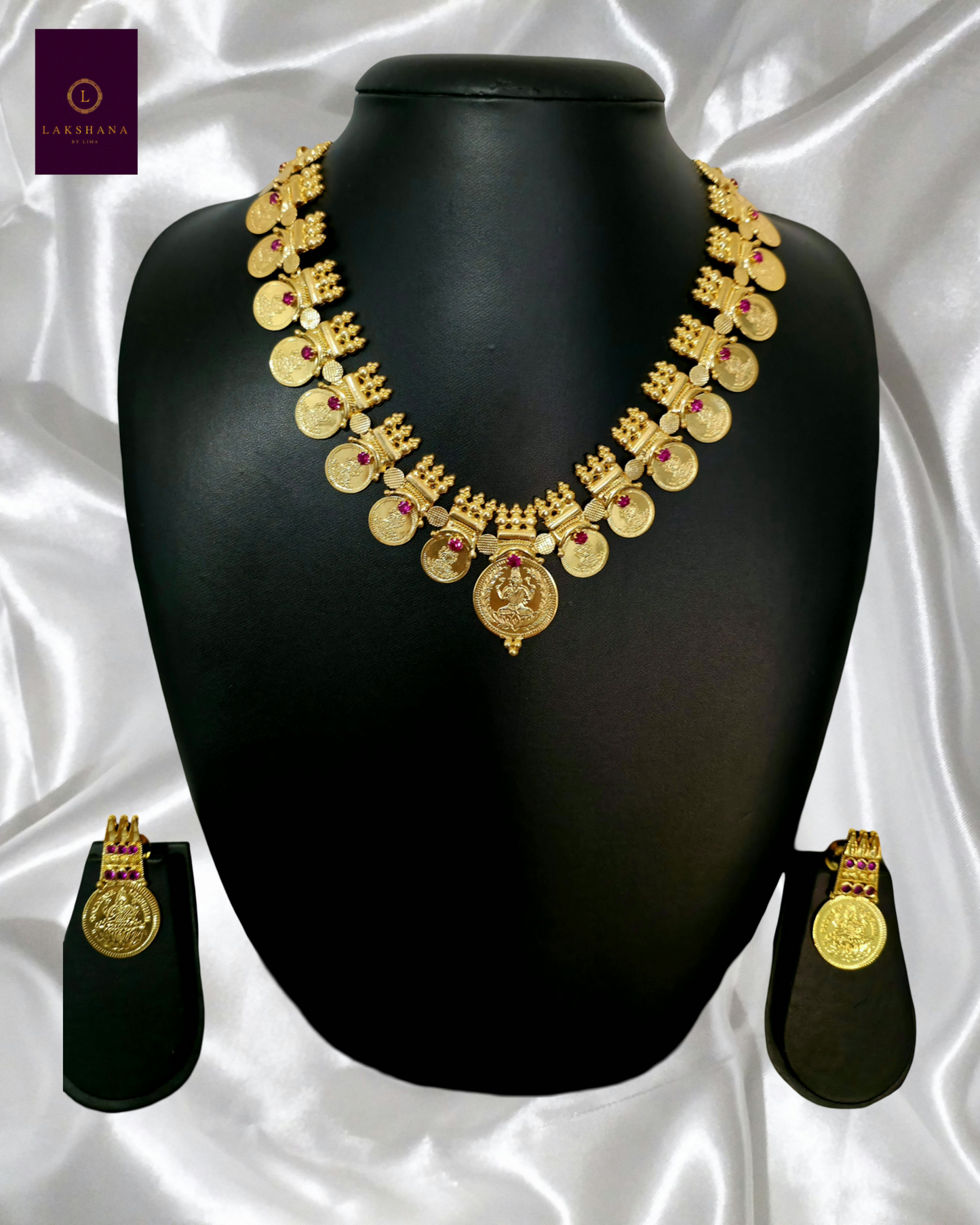 Stunning Lakshmi Coin Necklace with Ruby Stone Earrings – Premium One Gram Gold Plated!