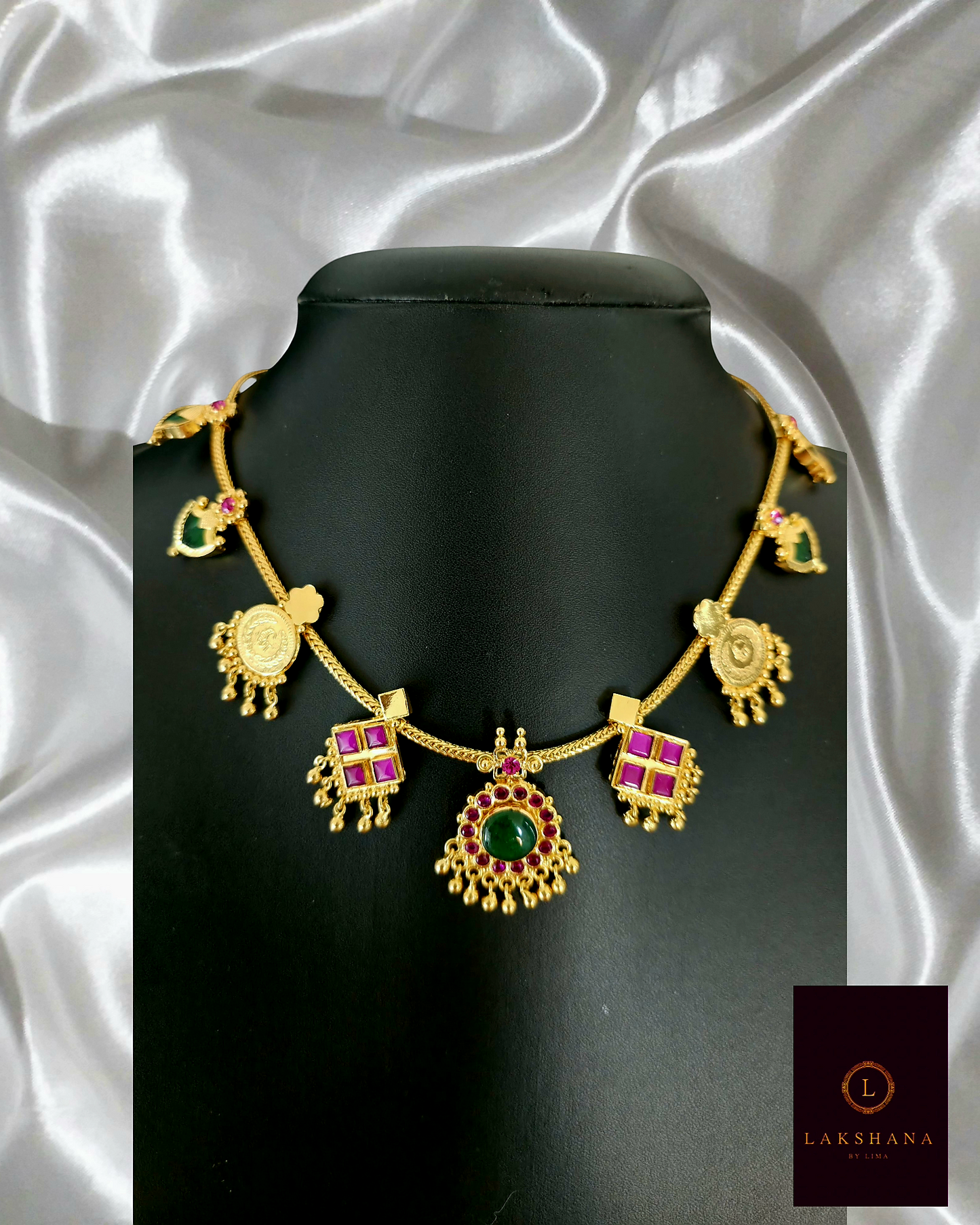 Premium Gold Plated palakka coin Necklace with ruby stones